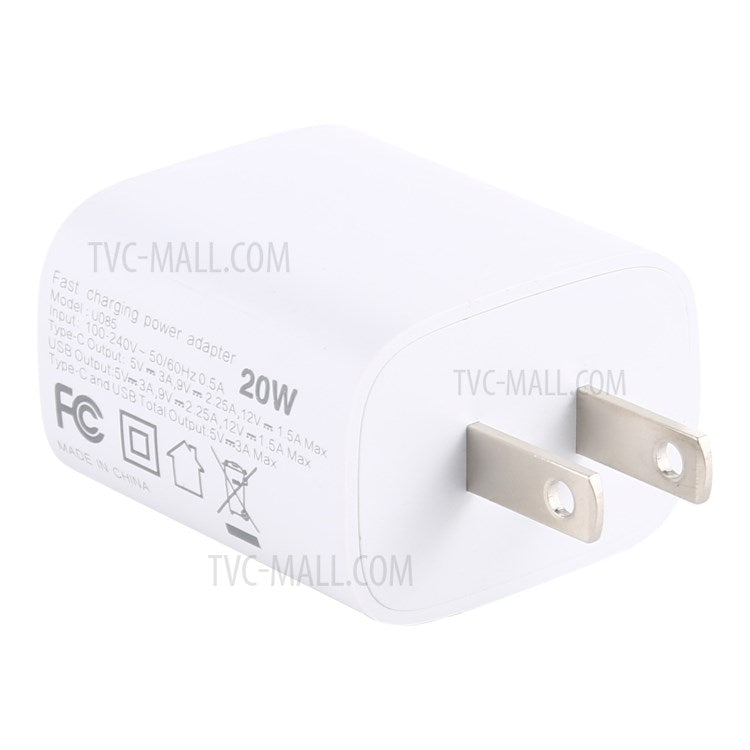 U085 20W USB+Type C Fast Charging Wall Charger Travel Power Adapter - US Plug
