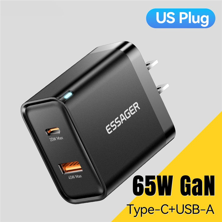 ESSAGER 65W Fast Charging Portable Power Adapter USB-A + Type-C Dual Ports Travel Charger - US Plug