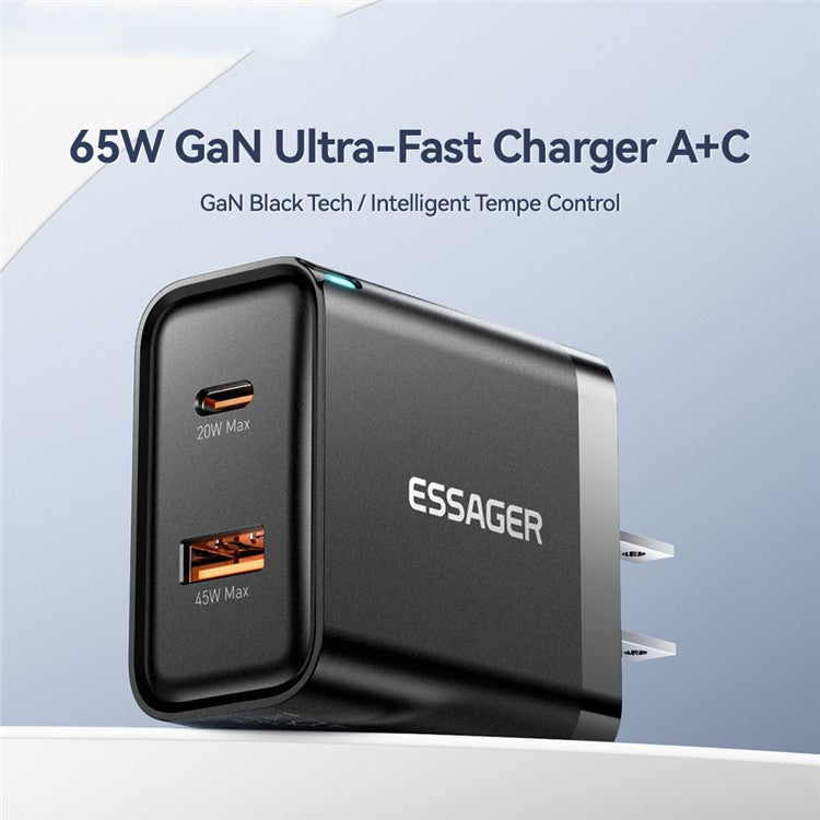 ESSAGER 65W Fast Charging Portable Power Adapter USB-A + Type-C Dual Ports Travel Charger - US Plug