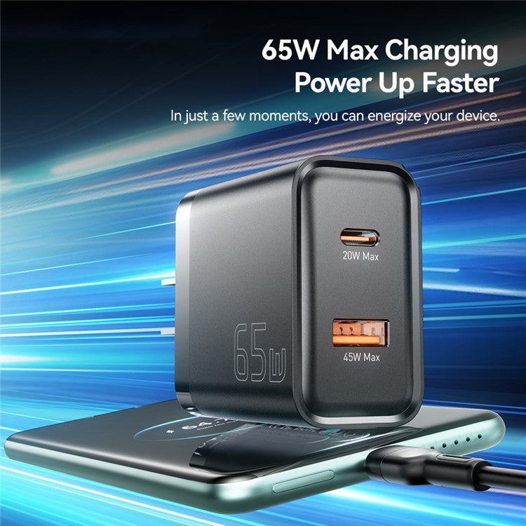 ESSAGER 65W Fast Charging Portable Power Adapter USB-A + Type-C Dual Ports Travel Charger - US Plug