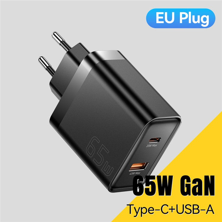 ESSAGER 65W Fast Charging Portable Power Adapter USB-A + Type-C Dual Ports Travel Charger - EU Plug