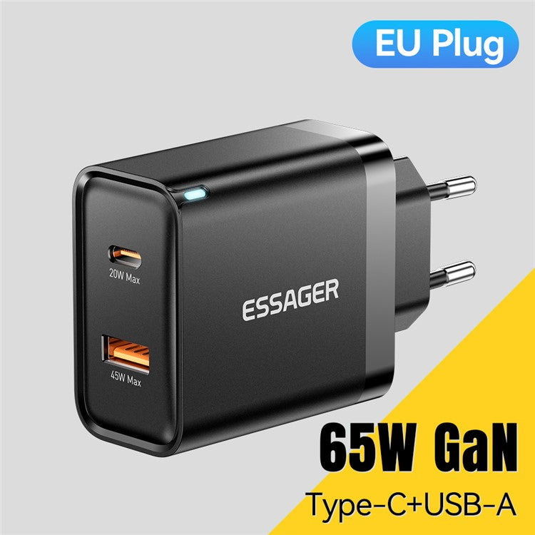 ESSAGER 65W Fast Charging Portable Power Adapter USB-A + Type-C Dual Ports Travel Charger - EU Plug