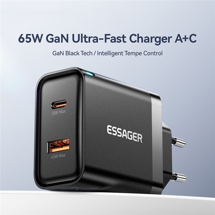 ESSAGER 65W Fast Charging Portable Power Adapter USB-A + Type-C Dual Ports Travel Charger - EU Plug