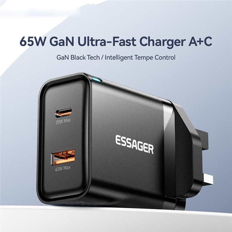 ESSAGER 65W Fast Charging Portable Power Adapter USB-A + Type-C Dual Ports Travel Charger - UK Plug