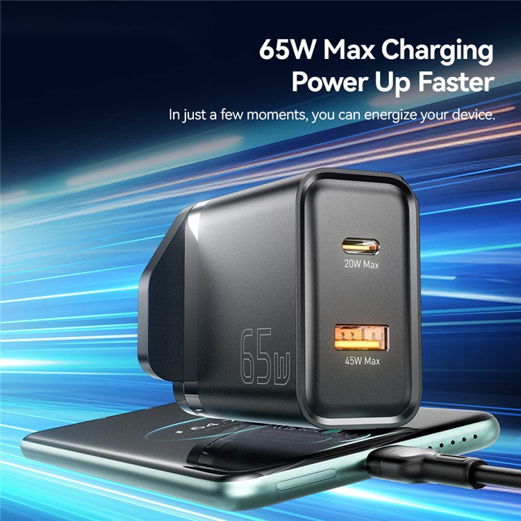 ESSAGER 65W Fast Charging Portable Power Adapter USB-A + Type-C Dual Ports Travel Charger - UK Plug