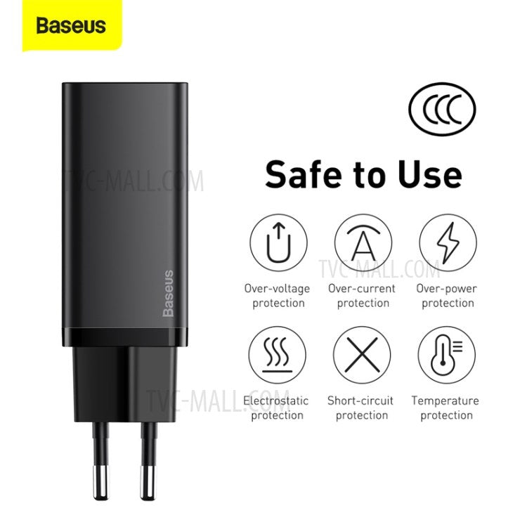BASEUS GaN2 Lite Quick Charger Type-C+USB 65W Wall Charger EU Plug - Black