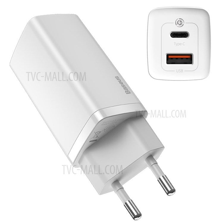 BASEUS GaN2 Lite Quick Charger Type-C+USB 65W Wall Charger EU Plug - White