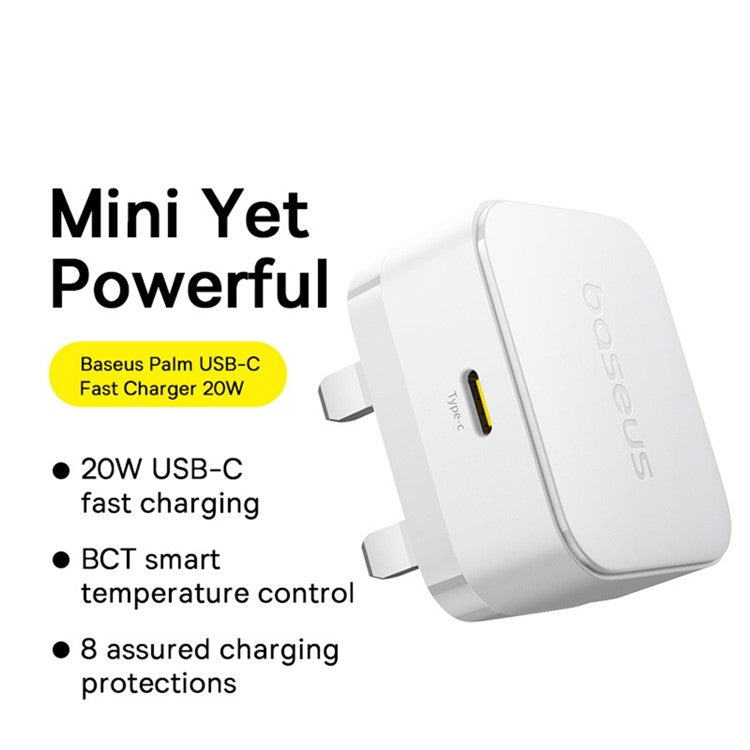 BASEUS Palm Fast Charger 20W Fast Charging Type-C Adapter UK Plug with Type-C Cable - White