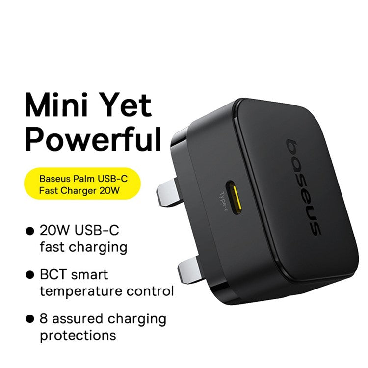 BASEUS Palm Fast Charger 20W Fast Charging Type-C Adapter UK Plug with Type-C Cable - Black