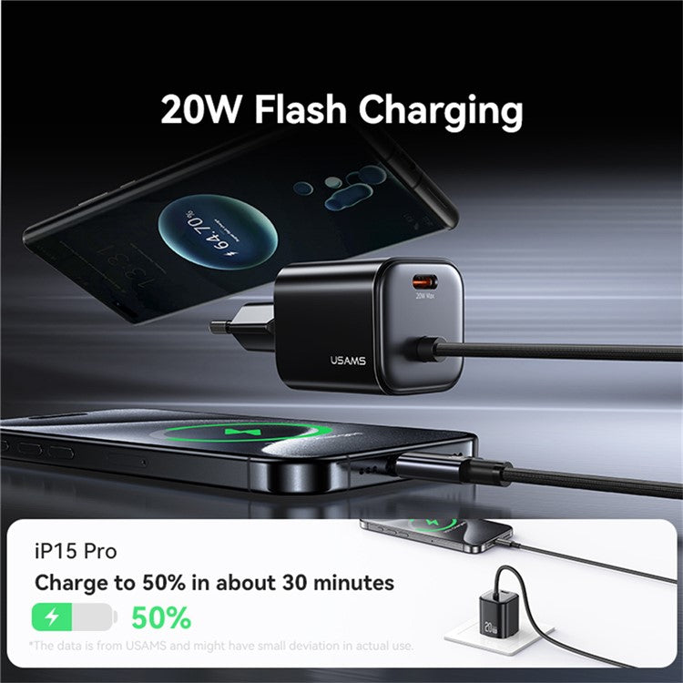 USAMS CC261 GaN Fast Charger Block 20W Dual Port Wall Charger with Type-C Cable, EU Plug - Black