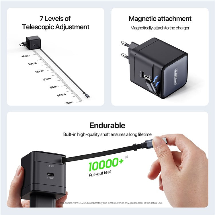 DUZZONA T10 Travel Charger PD 65W GaN Fast Charging Adapter With Retractable Type-C Cable, EU Plug
