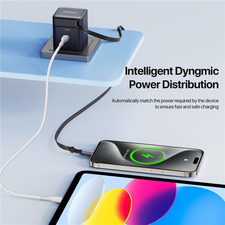 DUZZONA T10 Travel Charger PD 65W GaN Fast Charging Adapter With Retractable Type-C Cable, EU Plug