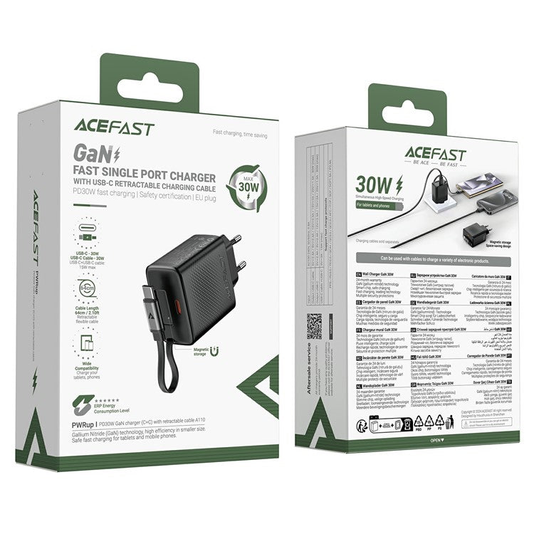 ACEFAST A110 30W GaN Charger Type-C Phone Adapter with Retractable USB-C Cable, EU Plug