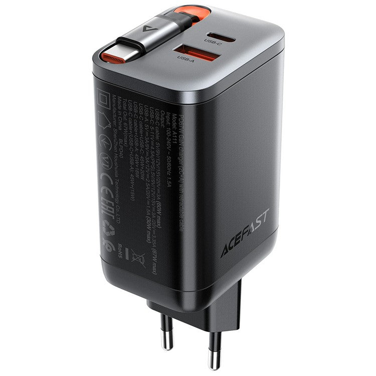 ACEFAST A111 67W GaN Charger USB-A+Type-C Adapter with Retractable USB-C Cable, EU Plug