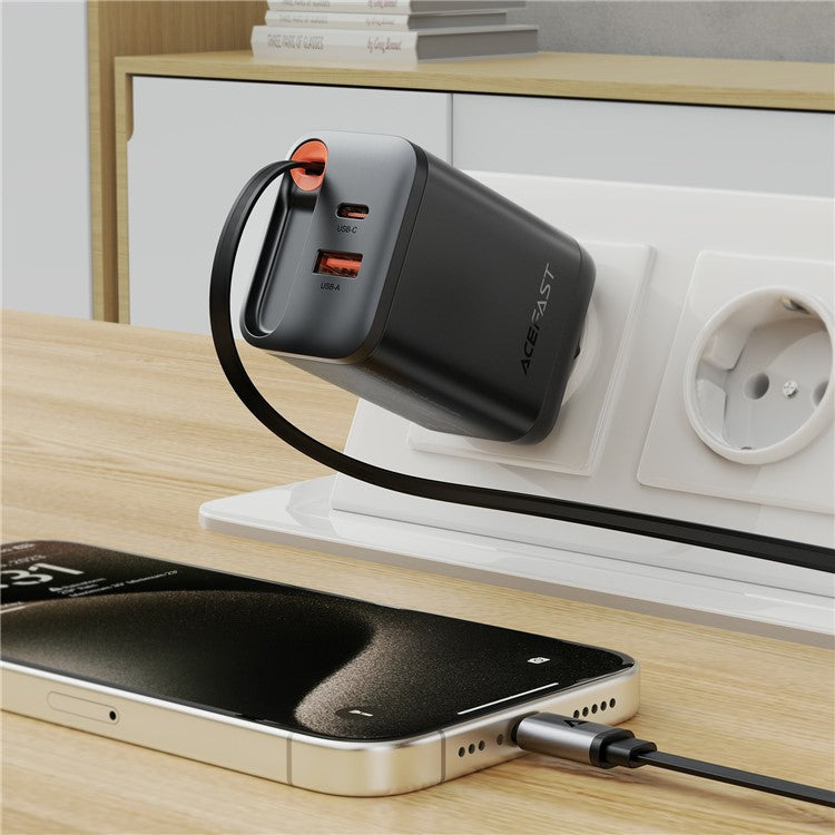 ACEFAST A111 67W GaN Charger USB-A+Type-C Adapter with Retractable USB-C Cable, EU Plug