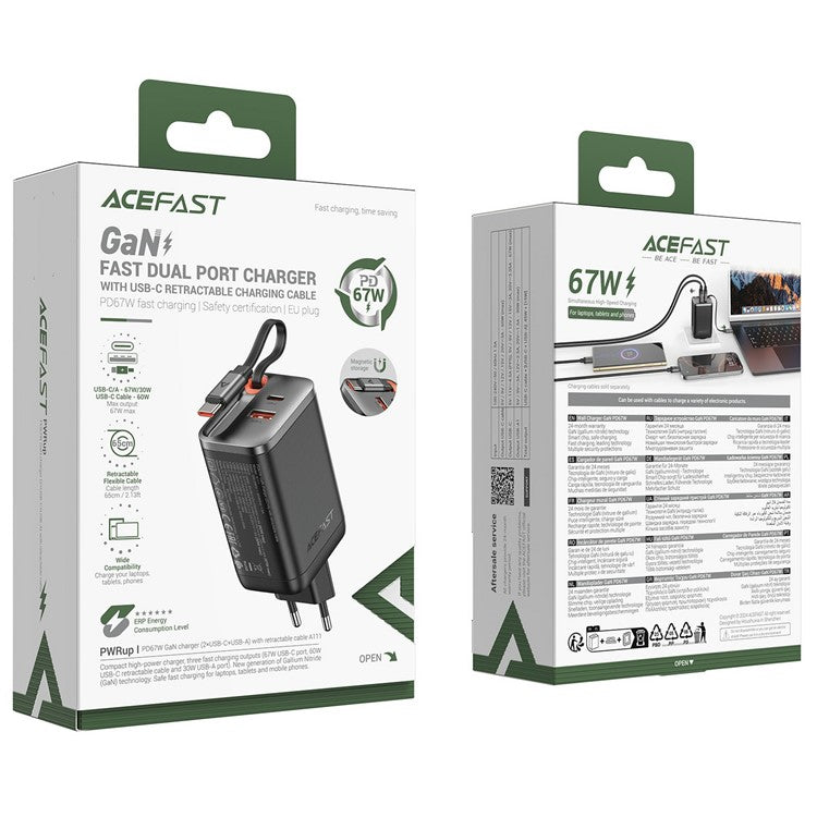 ACEFAST A111 67W GaN Charger USB-A+Type-C Adapter with Retractable USB-C Cable, EU Plug