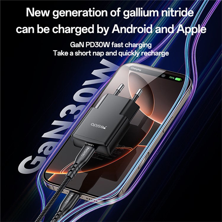 YESIDO YC74 Ultra-Thin 30W Fast Charger Type-C Port Power Adapter, EU Plug