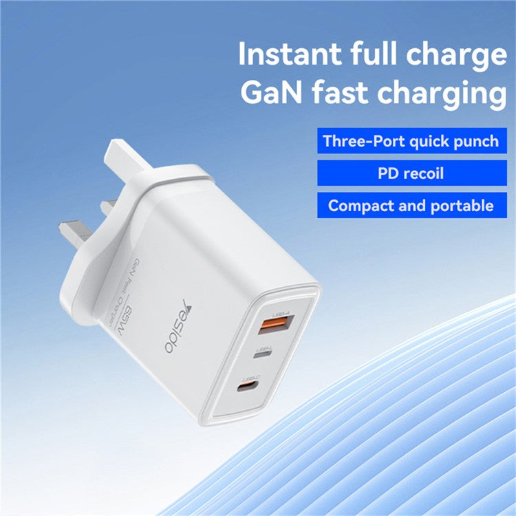 YESIDO YC89 USB-A + iP + Type-C 3-Port Power Adapter PD 65W Fast Charging Wall Charger, UK Plug