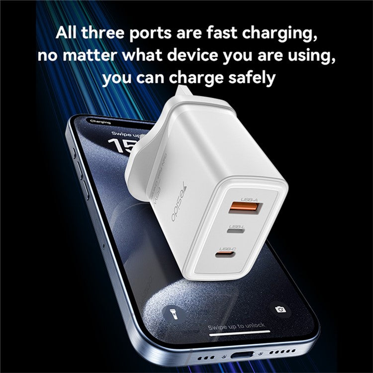 YESIDO YC89 USB-A + iP + Type-C 3-Port Power Adapter PD 65W Fast Charging Wall Charger, UK Plug