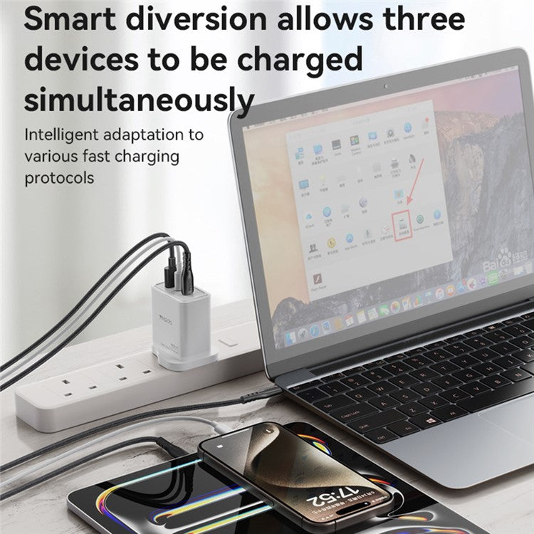 YESIDO YC89 USB-A + iP + Type-C 3-Port Power Adapter PD 65W Fast Charging Wall Charger, UK Plug