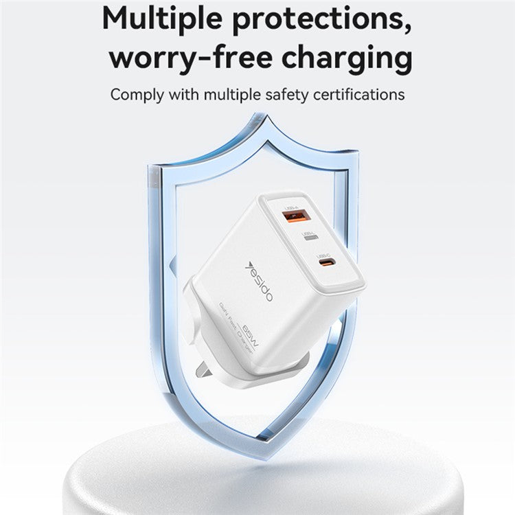 YESIDO YC89 USB-A + iP + Type-C 3-Port Power Adapter PD 65W Fast Charging Wall Charger, UK Plug