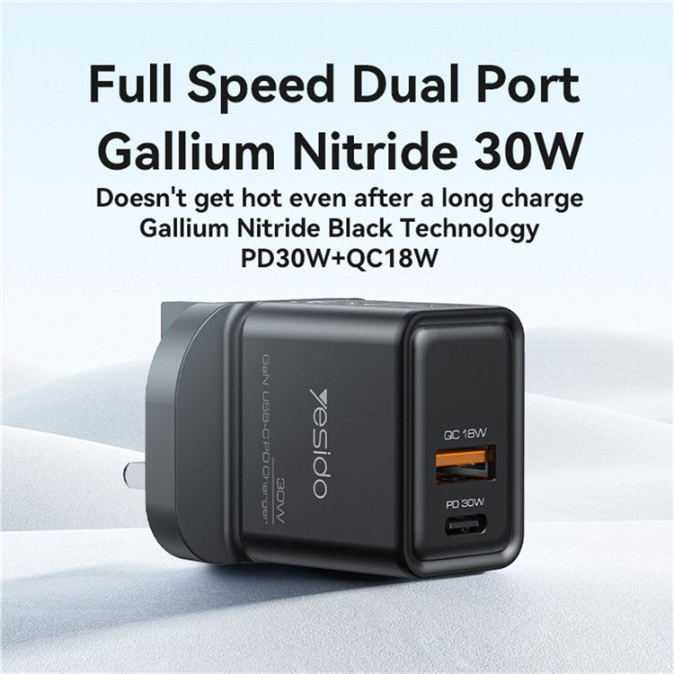 YESIDO YC83 GaN 30W Phone Charger USB+Type-C Port Power Adapter