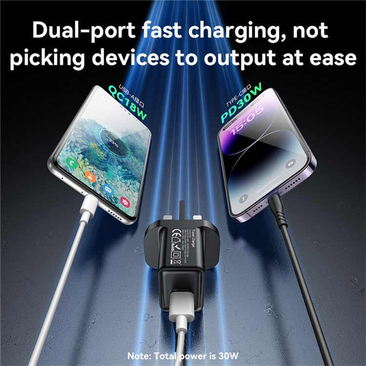 YESIDO YC83 GaN 30W Phone Charger USB+Type-C Port Power Adapter