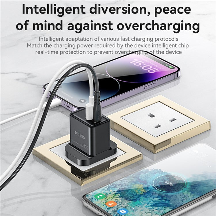 YESIDO YC83 GaN 30W Phone Charger USB+Type-C Port Power Adapter