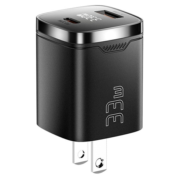 ESSAGER 33W Fast Charging Digital Display USB A + Type C Dual Port GaN Travel Charger - US Plug / Black