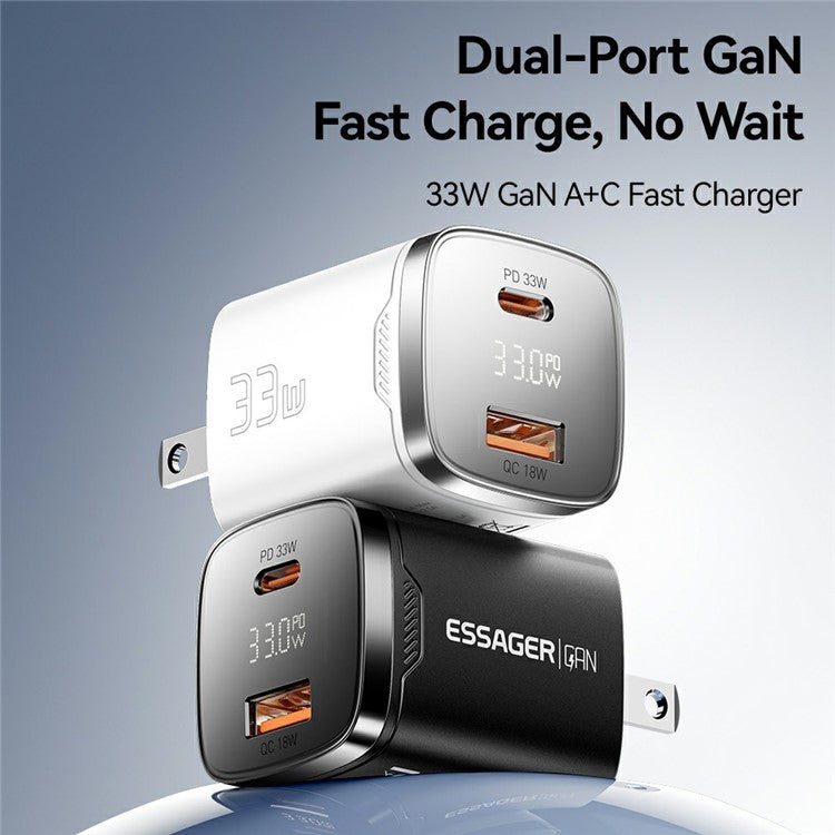 ESSAGER 33W Fast Charging Digital Display USB A + Type C Dual Port GaN Travel Charger - US Plug / White