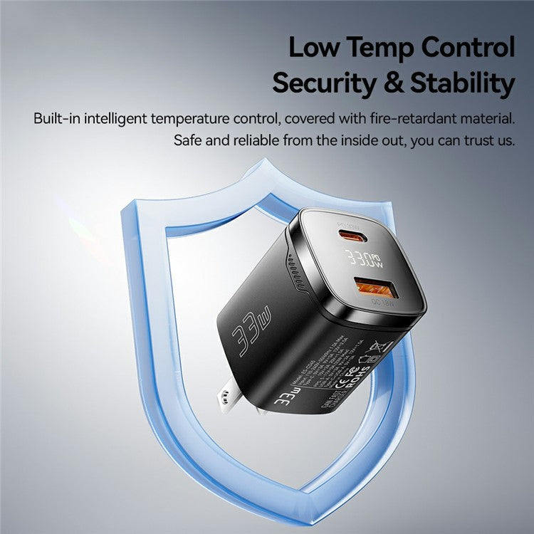 ESSAGER 33W Fast Charging Digital Display USB A + Type C Dual Port GaN Travel Charger - US Plug / White