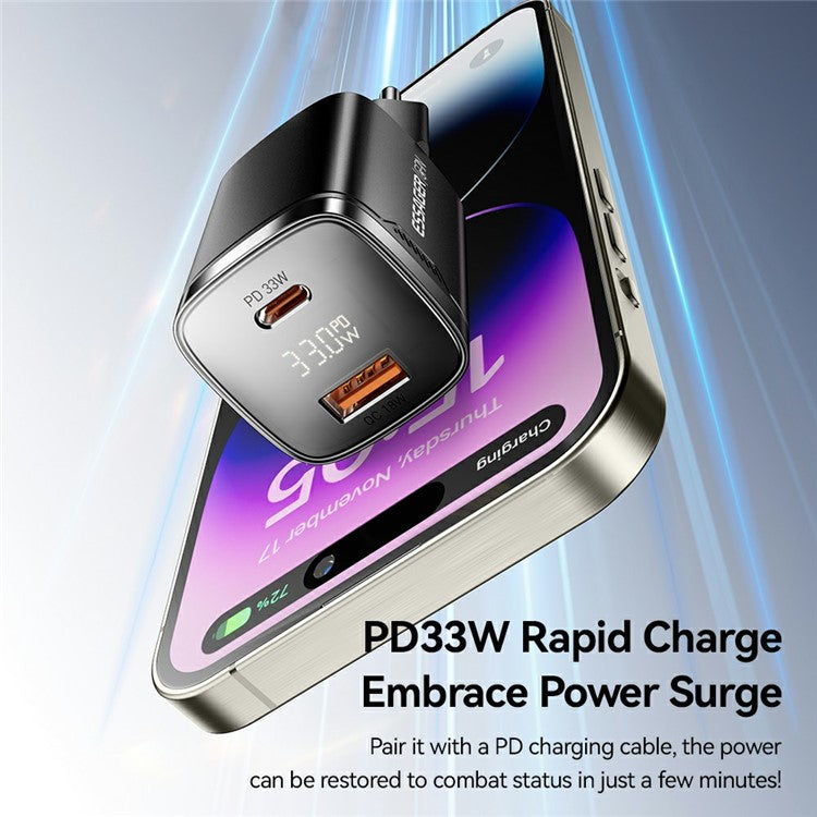ESSAGER 33W Fast Charging Digital Display USB A + Type C Dual Port GaN Travel Charger - EU Plug / Black