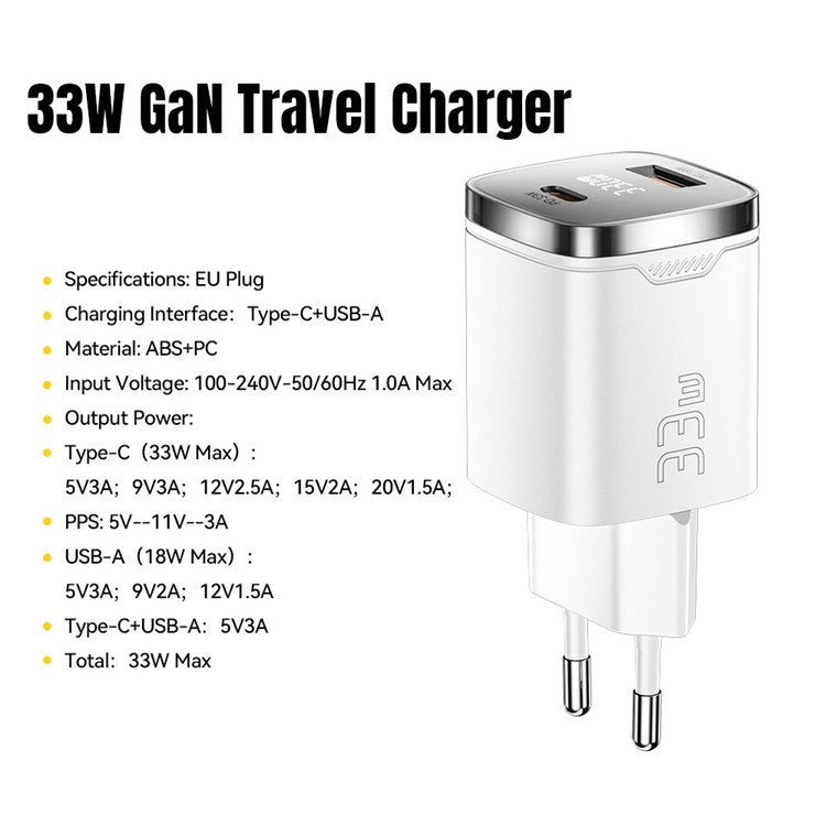 ESSAGER 33W Fast Charging Digital Display USB A + Type C Dual Port GaN Travel Charger - EU Plug / White
