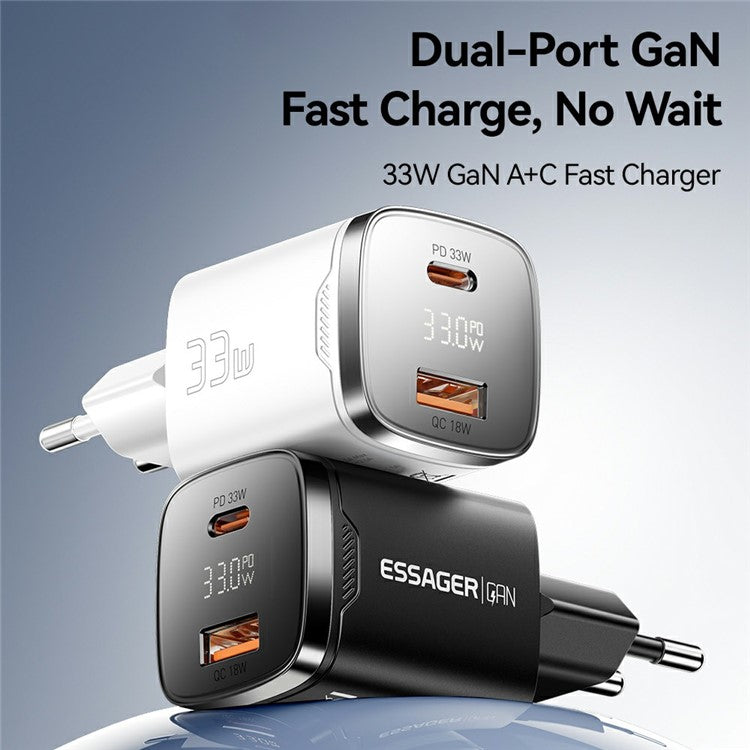 ESSAGER 33W Fast Charging Digital Display USB A + Type C Dual Port GaN Travel Charger - EU Plug / White
