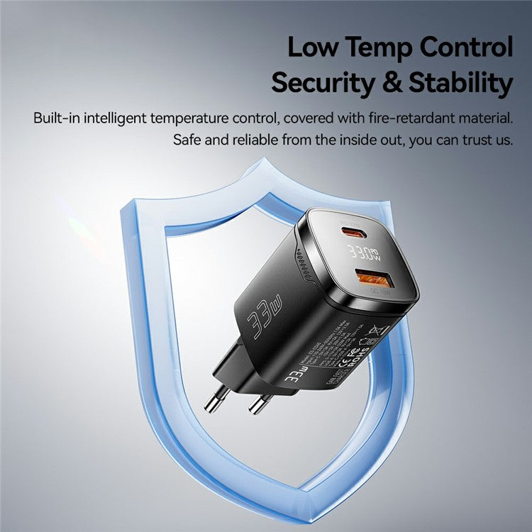 ESSAGER 33W Fast Charging Digital Display USB A + Type C Dual Port GaN Travel Charger - EU Plug / White