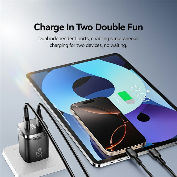 ESSAGER 33W Fast Charging Digital Display USB A + Type C Dual Port GaN Travel Charger - EU Plug / White