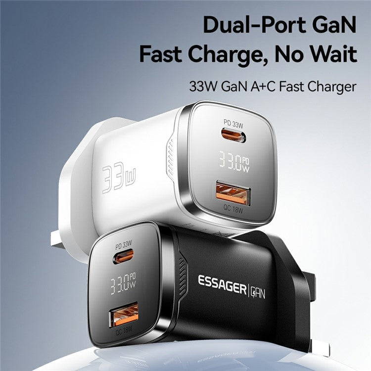 ESSAGER 33W Fast Charging Digital Display USB A + Type C Dual Port GaN Travel Charger - UK Plug / Black