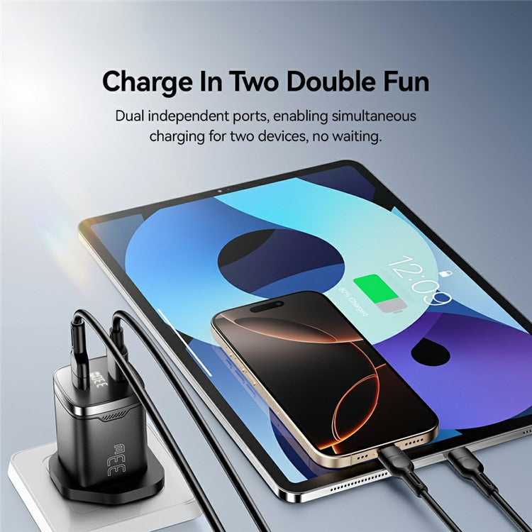 ESSAGER 33W Fast Charging Digital Display USB A + Type C Dual Port GaN Travel Charger - UK Plug / Black