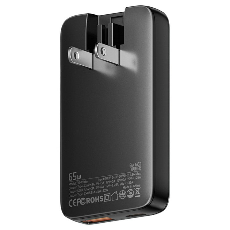ESSAGER 65W Fast Charging Adapter USB A + Type C Dual Ports Ultra Slim GaN Travel Charger - US Plug