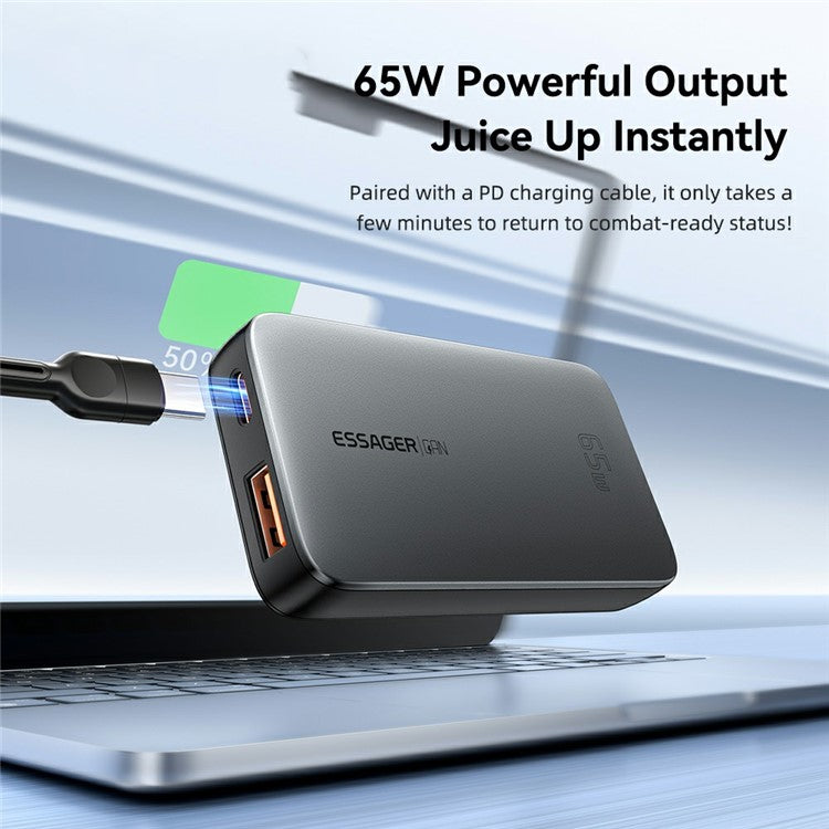 ESSAGER 65W Fast Charging Adapter USB A + Type C Dual Ports Ultra Slim GaN Travel Charger - US Plug