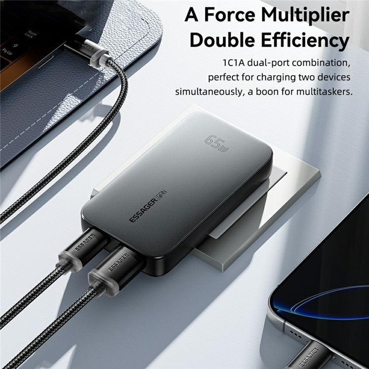 ESSAGER 65W Fast Charging Adapter USB A + Type C Dual Ports Ultra Slim GaN Travel Charger - US Plug