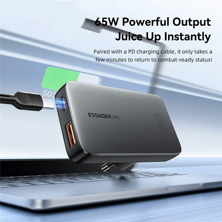 ESSAGER 65W Fast Charging Adapter USB A + Type C Dual Ports Ultra Slim GaN Travel Charger - EU Plug