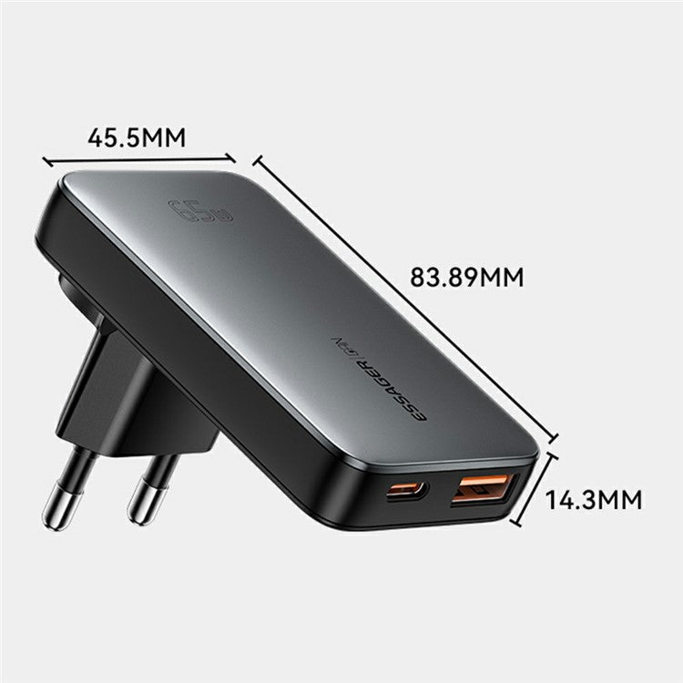 ESSAGER 65W Fast Charging Adapter USB A + Type C Dual Ports Ultra Slim GaN Travel Charger - EU Plug