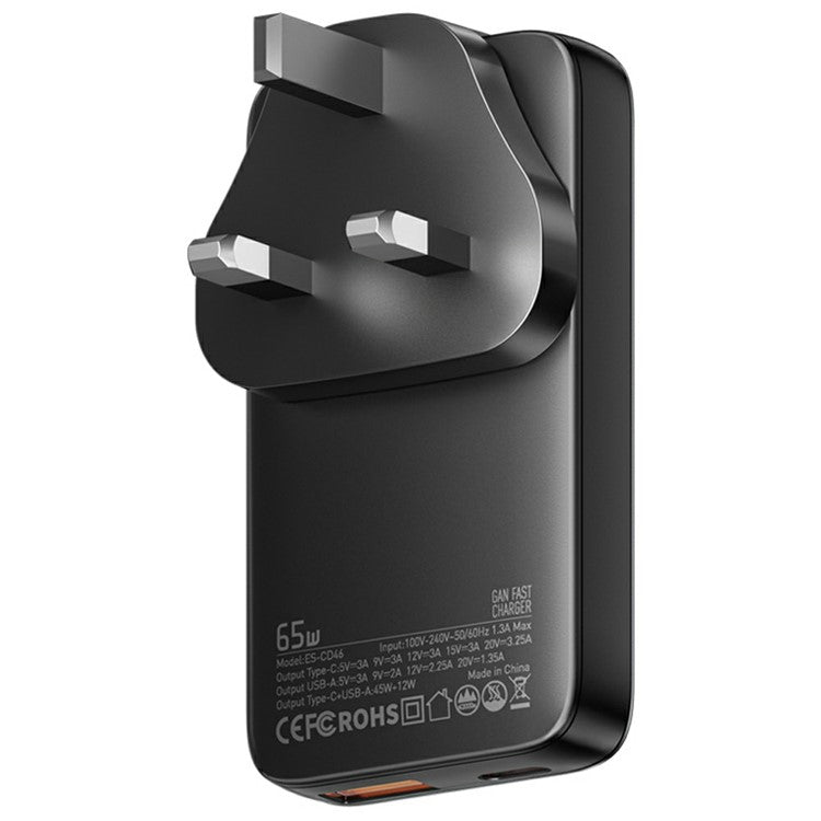 ESSAGER 65W Fast Charging Adapter USB A + Type C Dual Ports Ultra Slim GaN Travel Charger - UK Plug