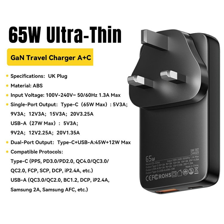ESSAGER 65W Fast Charging Adapter USB A + Type C Dual Ports Ultra Slim GaN Travel Charger - UK Plug