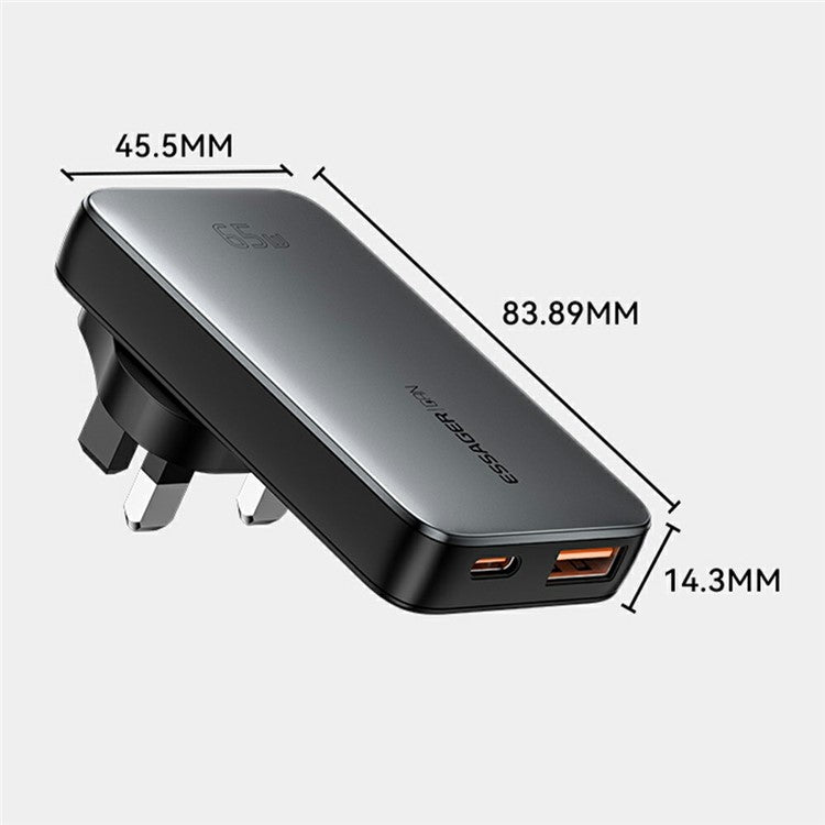 ESSAGER 65W Fast Charging Adapter USB A + Type C Dual Ports Ultra Slim GaN Travel Charger - UK Plug
