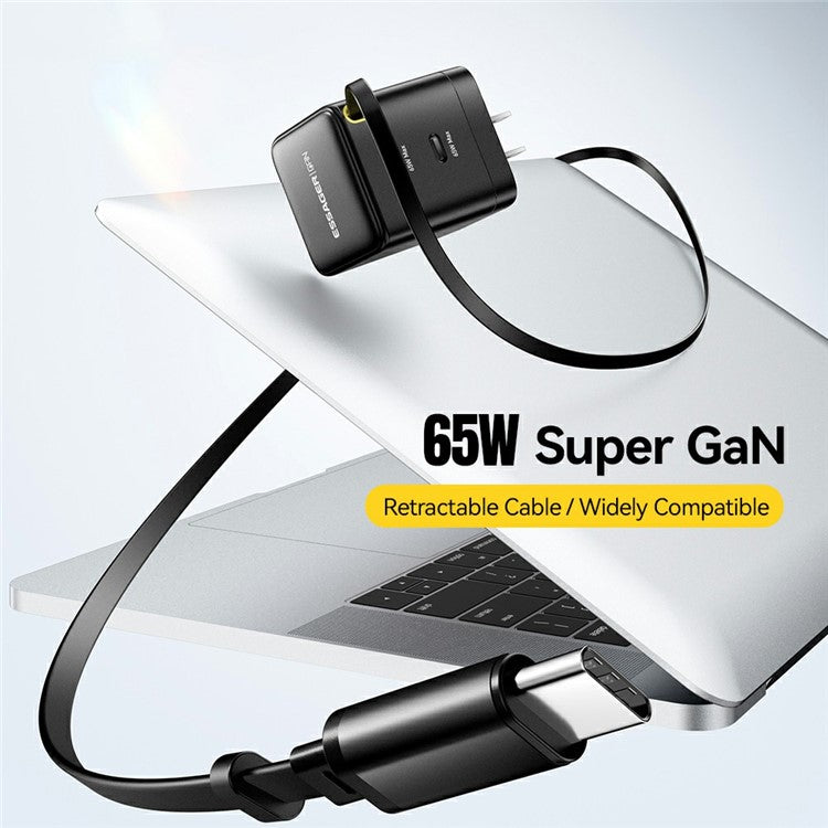 ESSAGER Portable 65W Fast Charging USB C Travel Charger with Retractable Type C Cable - US Plug