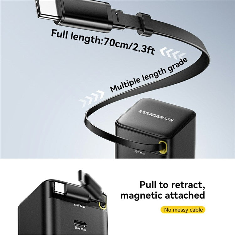 ESSAGER Portable 65W Fast Charging USB C Travel Charger with Retractable Type C Cable - US Plug