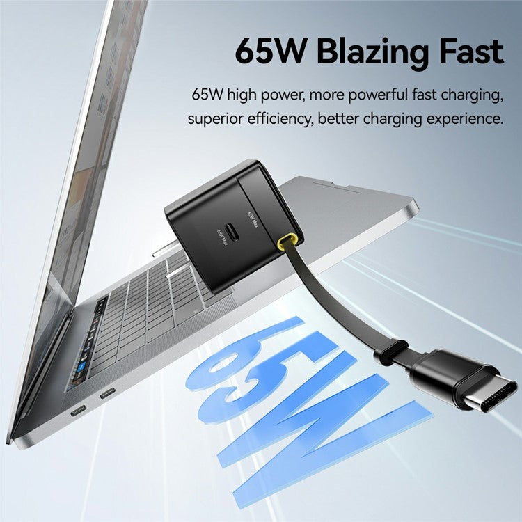 ESSAGER Portable 65W Fast Charging USB C Travel Charger with Retractable Type C Cable - US Plug