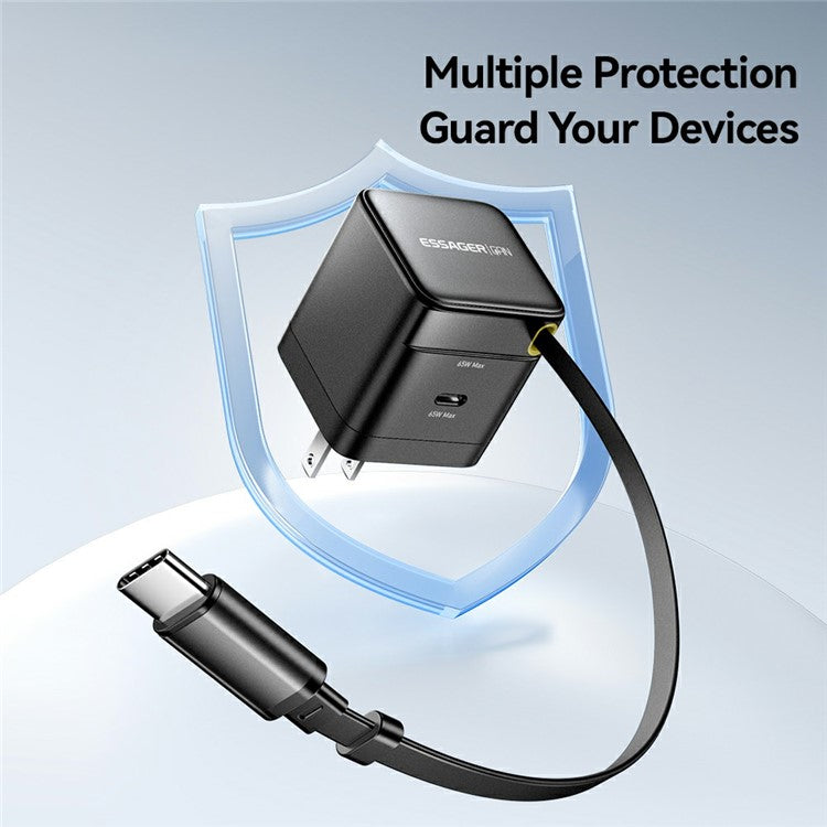ESSAGER Portable 65W Fast Charging USB C Travel Charger with Retractable Type C Cable - US Plug